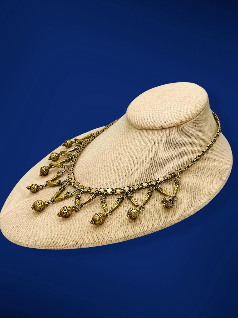 Vintage Ethnic Brass Festoon Bib Necklace Dangle Fringe Drop Statement - Picture 8 of 15